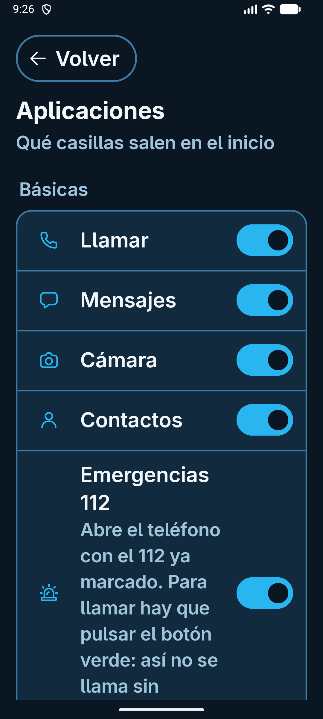 Ajustes de aplicaciones: interruptores de Llamar, Mensajes, Cámara, Contactos y Emergencias 112, con su explicación