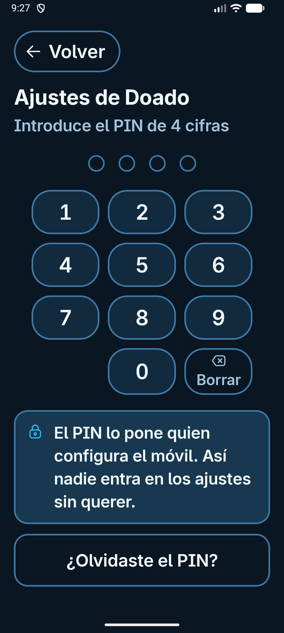 Pantalla «Ajustes de Doado»: introduce el PIN de 4 cifras, con cuatro círculos y un teclado numérico grande